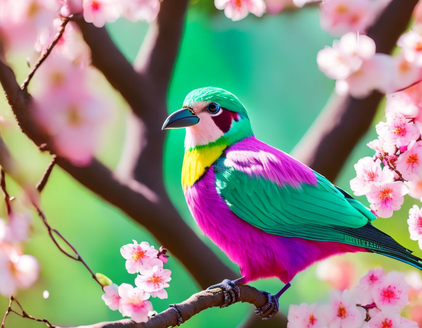 Colorful Bird Perched on Branch Among Pink Blossoms