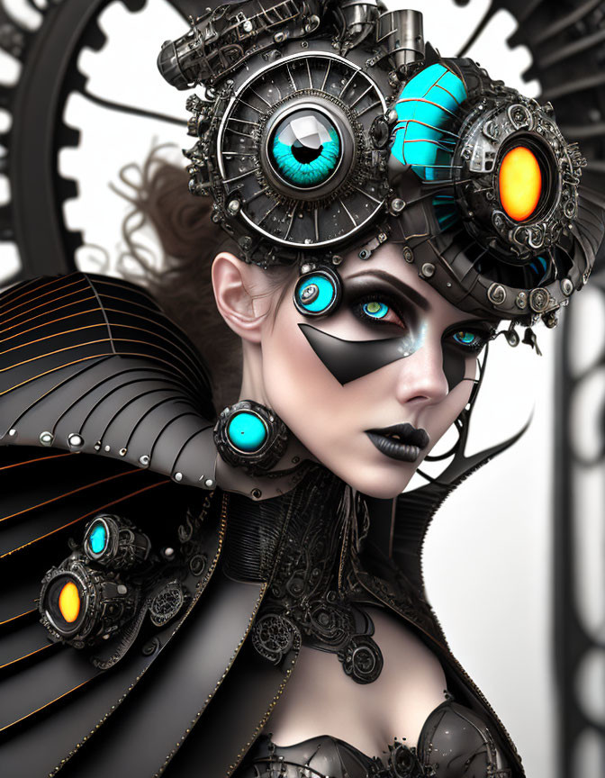 Steampunk-inspired female figure with glowing blue and orange elements