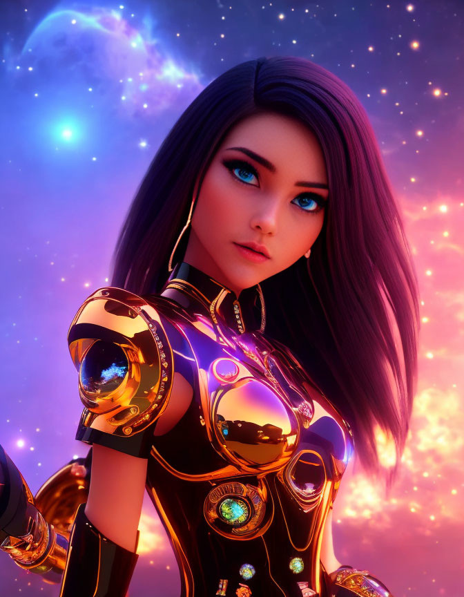 Digital artwork of female character in futuristic armor with cosmic backdrop