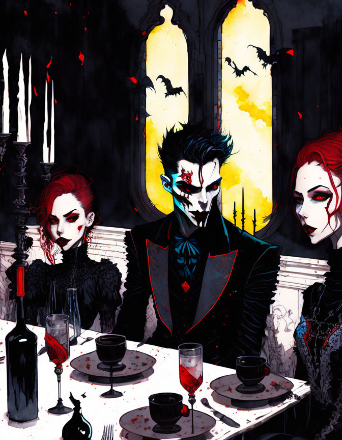 Three gothic figures drinking wine in eerie setting