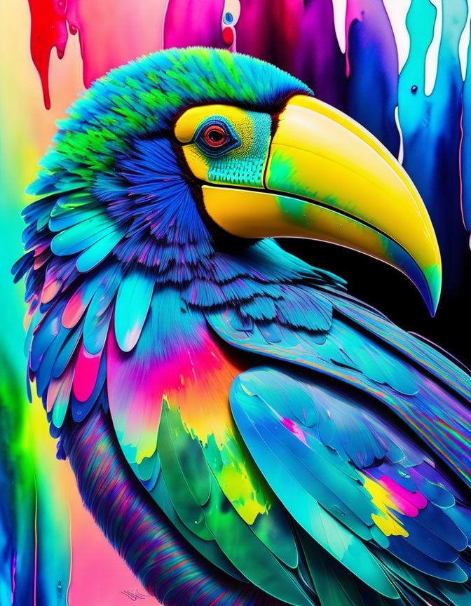 Colorful Toucan Artwork with Dripping Hues