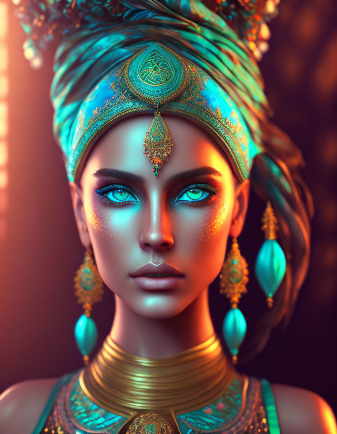 Ornate Turquoise and Gold Headwear on Woman in Digital Portrait