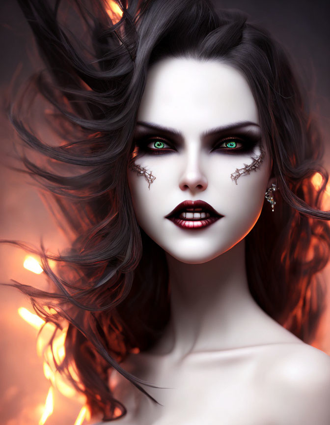 Digital portrait of woman with green eyes, wavy hair, and eye makeup on fiery backdrop