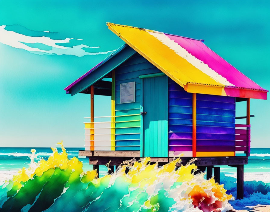 Colorful beach hut on stilts against turquoise waves and blue sky