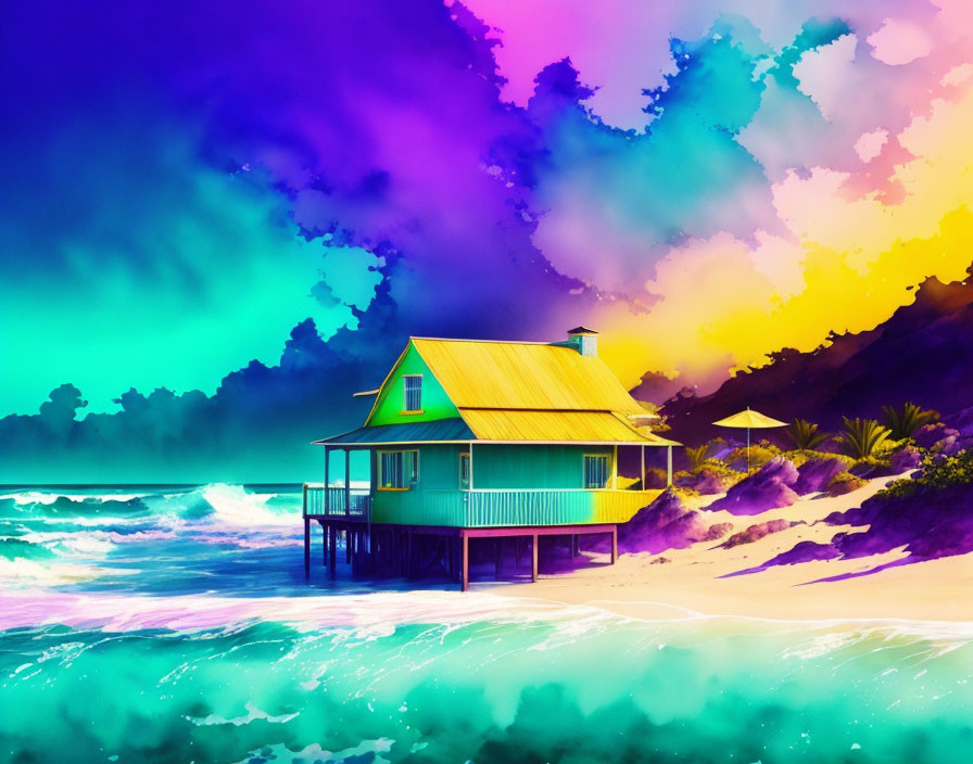 Colorful Beach Scene with Yellow House, Waves, and Mountain View