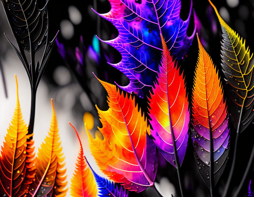 Colorful leaves gradient on monochrome background with vein details