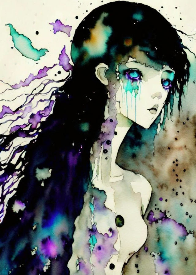 Stylized girl watercolor illustration with flowing hair and teary eyes