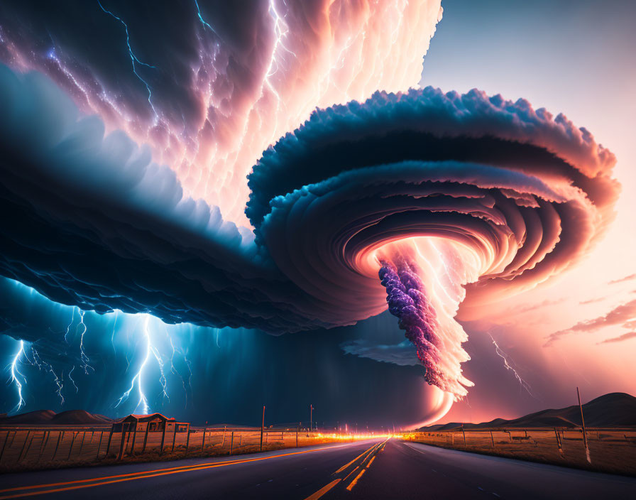 Surreal image: massive tornado-like storm above road