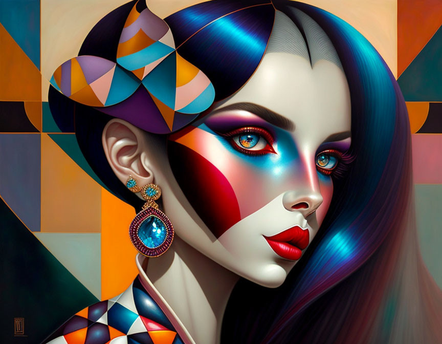 Colorful digital portrait of a woman with geometric face patterns