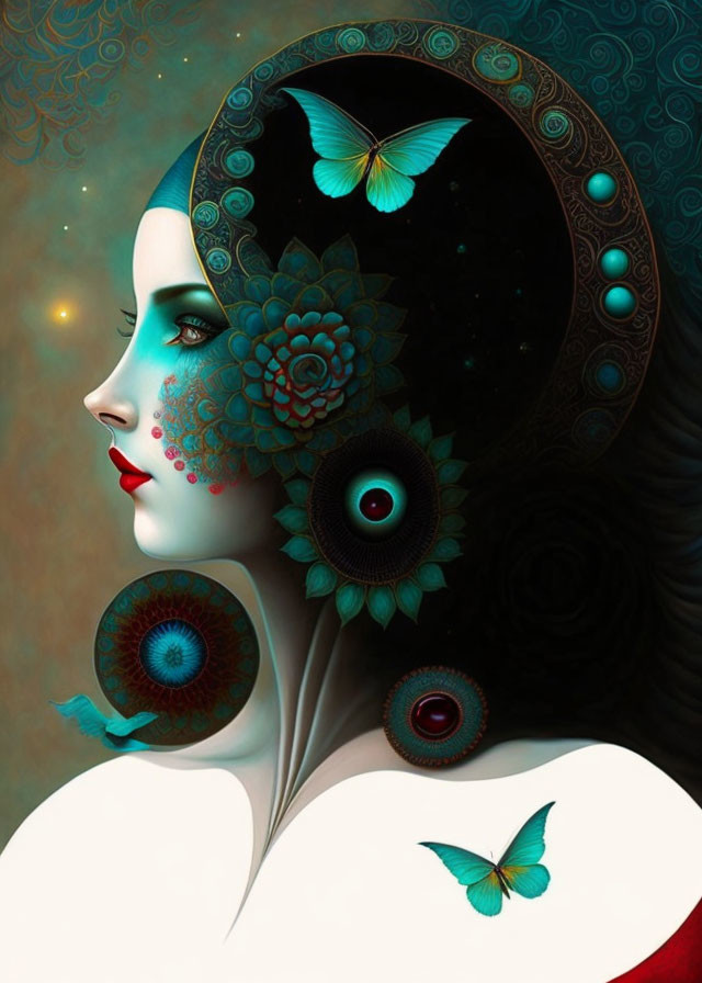 Surreal woman portrait with floral and butterfly motifs in teal and black palette