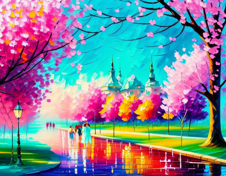 Colorful painting of people walking by blooming trees with castle in distance