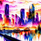 Cityscape illustration with skyscrapers, cars, and sunset reflections.