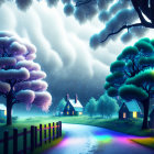 Colorful whimsical night landscape with glowing trees and cottages