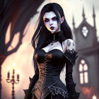 Gothic female figure in corset dress and choker by castle-like backdrop