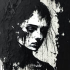 Monochrome abstract painting of a woman's face with smudged details