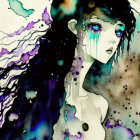 Stylized girl watercolor illustration with flowing hair and teary eyes