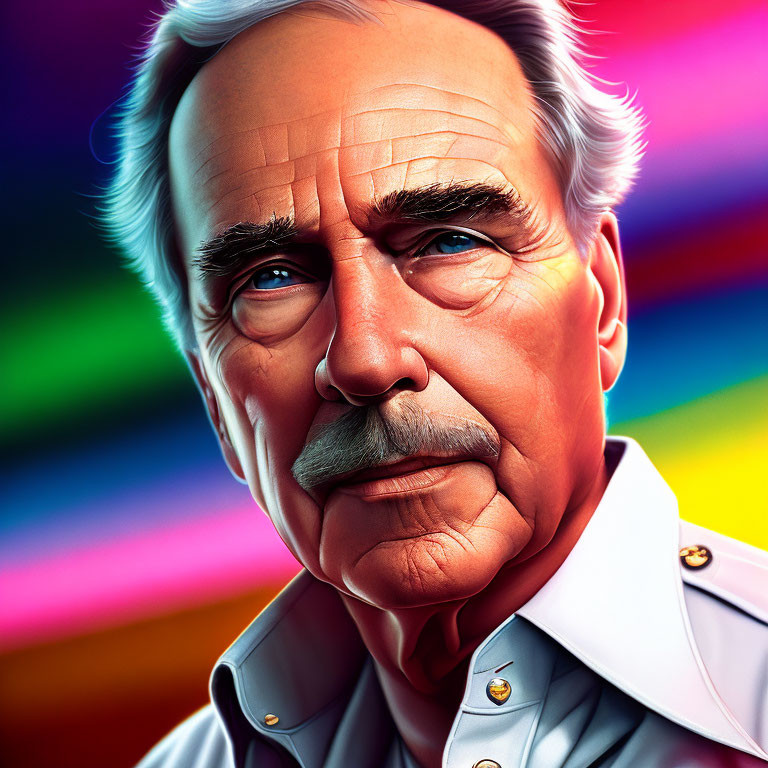 Elderly man with moustache in white shirt on colorful backdrop