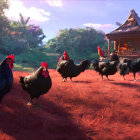 Vibrant farm scene with animated chickens, red foliage, wooden house, fallen apples.