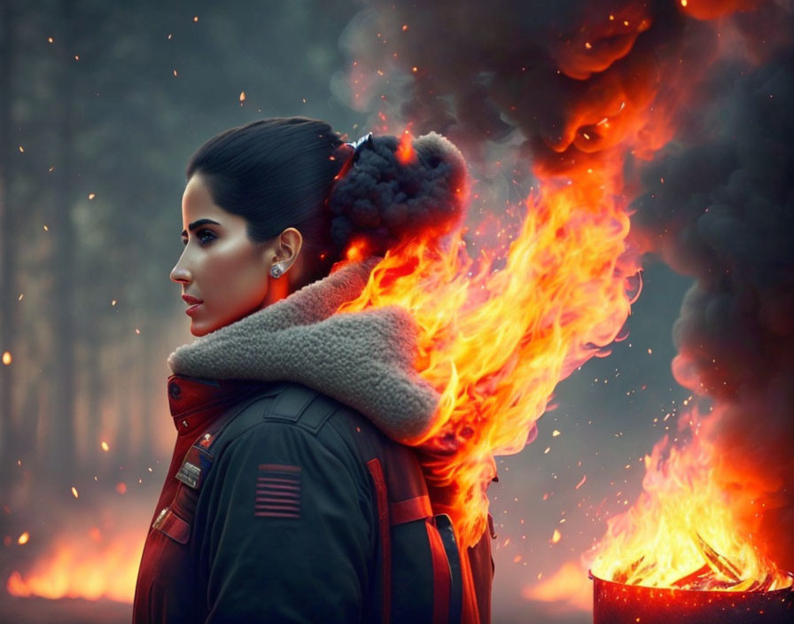 Contemplative woman standing before fiery blaze