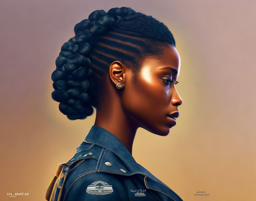 African woman with braided updo in denim jacket on warm background