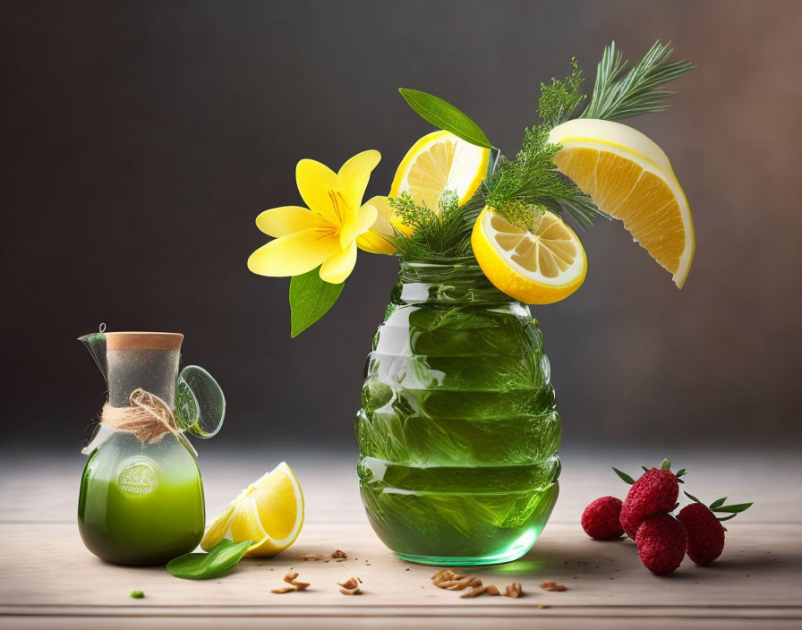 Colorful Still Life with Green Drink, Lemon Slices, Flower, Herbs, Strawberries,