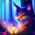 Glowing fox in enchanted forest with butterflies and lantern