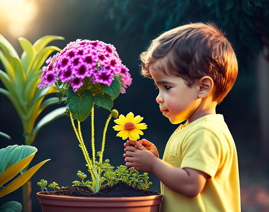 Young child in yellow shirt admiring flowers in sunny garden
