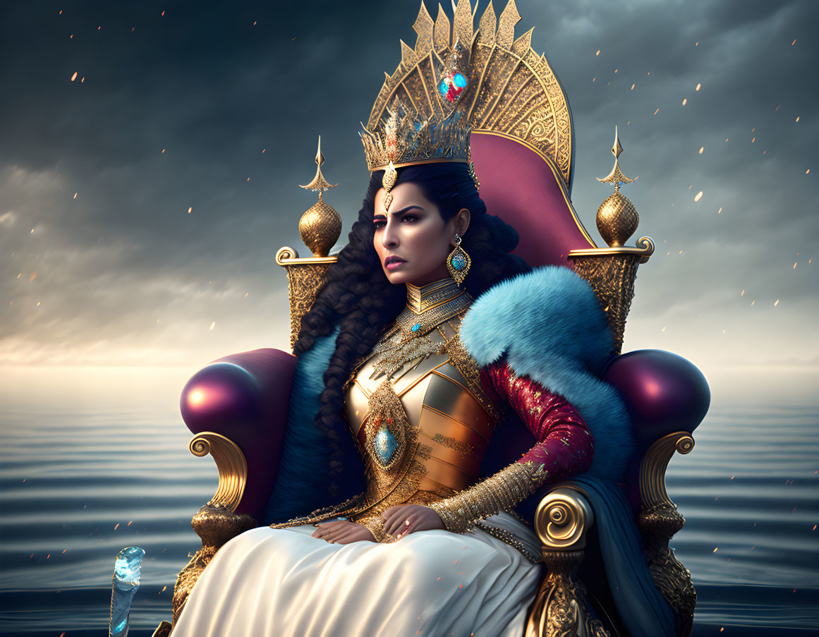 Golden Throne Woman: Regal Figure in Crown and Armor on Stormy Sea Background