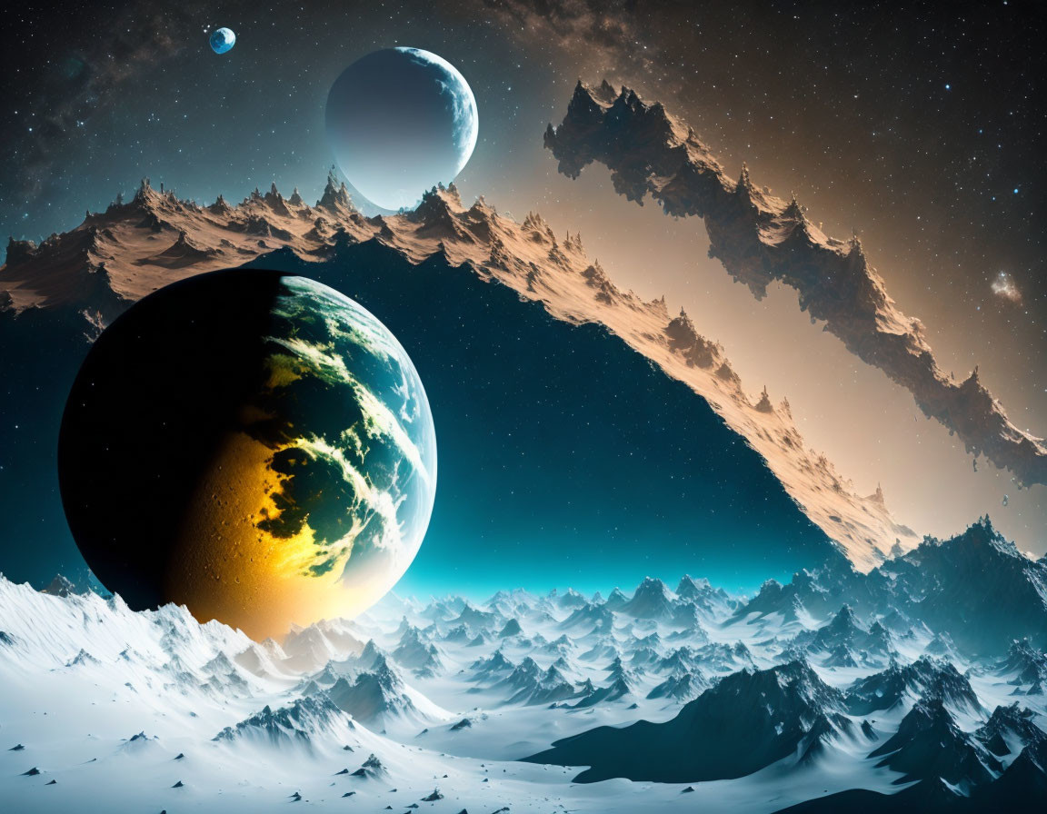 Surreal cosmic landscape with Earth-like planet and snow-covered terrain