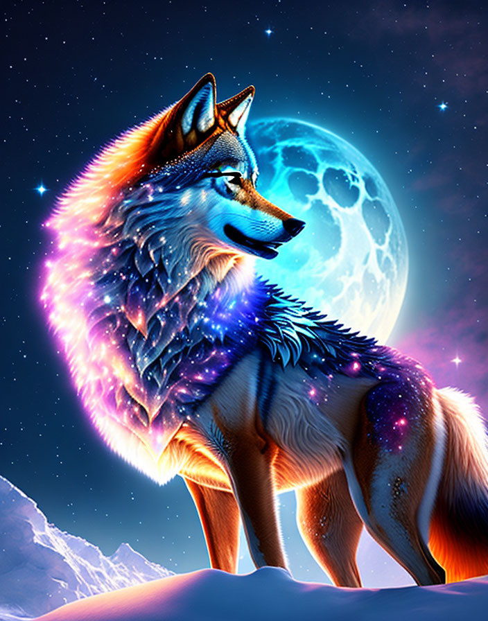 Colorful Wolf Illustration in Cosmic Night Sky