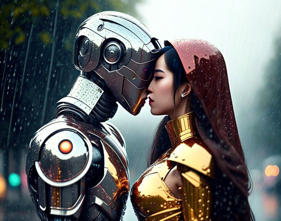 Woman and humanoid robot embrace in rain with colorful bokeh lights.