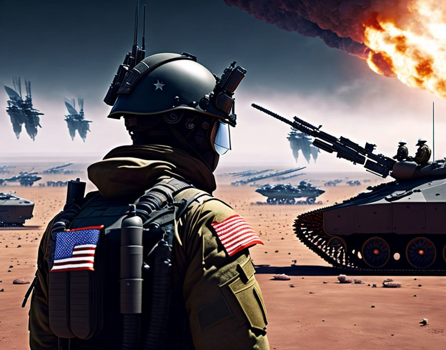 Soldier in tactical gear observes desert scene with spaceships and explosions
