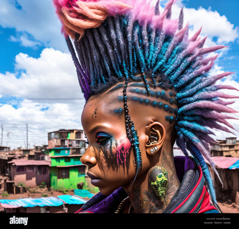 Vibrant mohawk hairstyle and face paint against city backdrop