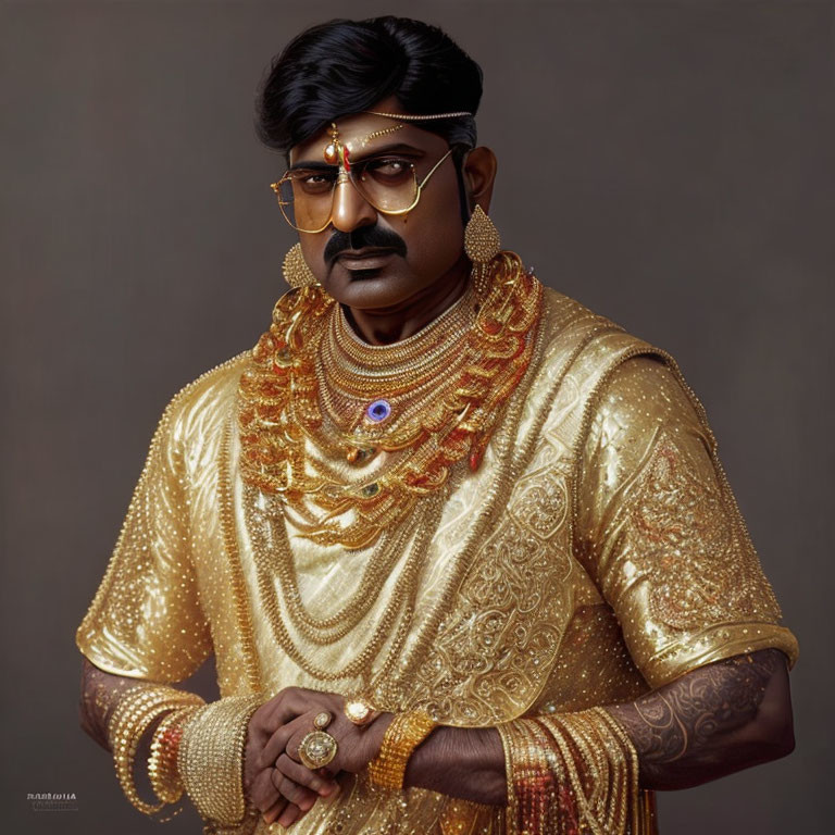 Traditional Indian Jewelry Adorned Man with Mustache and Glasses