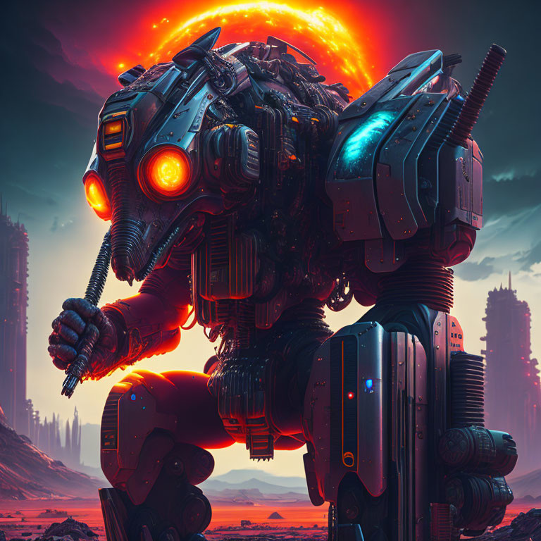 Gigantic robot with glowing eyes in fiery landscape