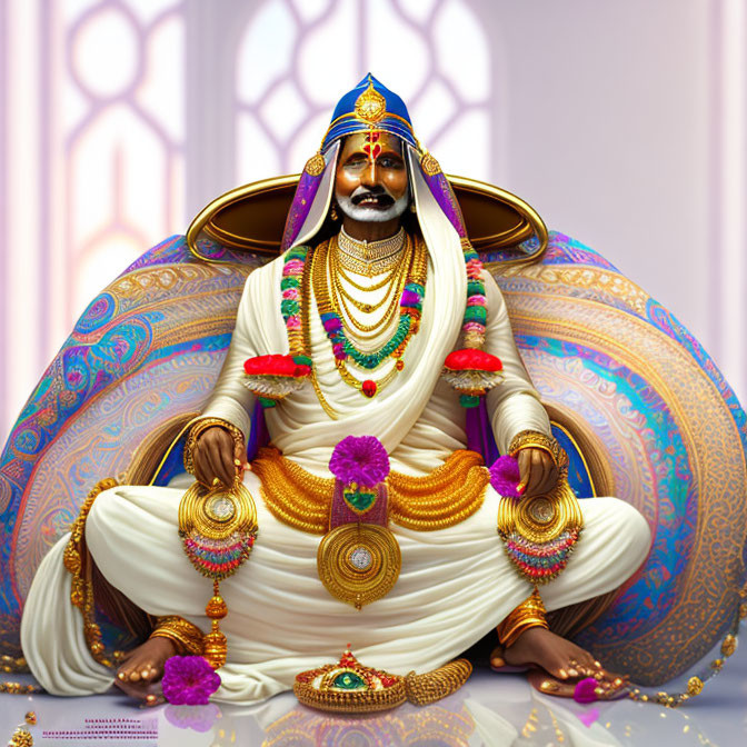 Regal figure on lotus with vibrant colors & gold jewelry