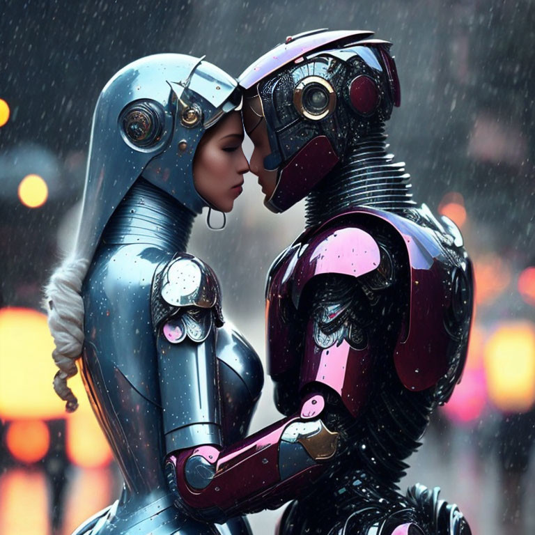 Robots in Close Embrace Touching Foreheads in Rain