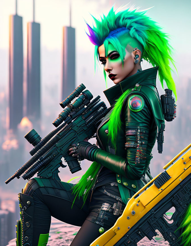 Futuristic woman with green hair in cyberpunk attire holding a rifle among skyscrapers