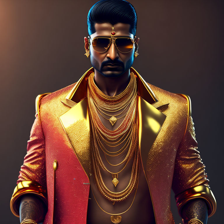 Stylized image: man with beard, golden jewelry, orange jacket on dark background