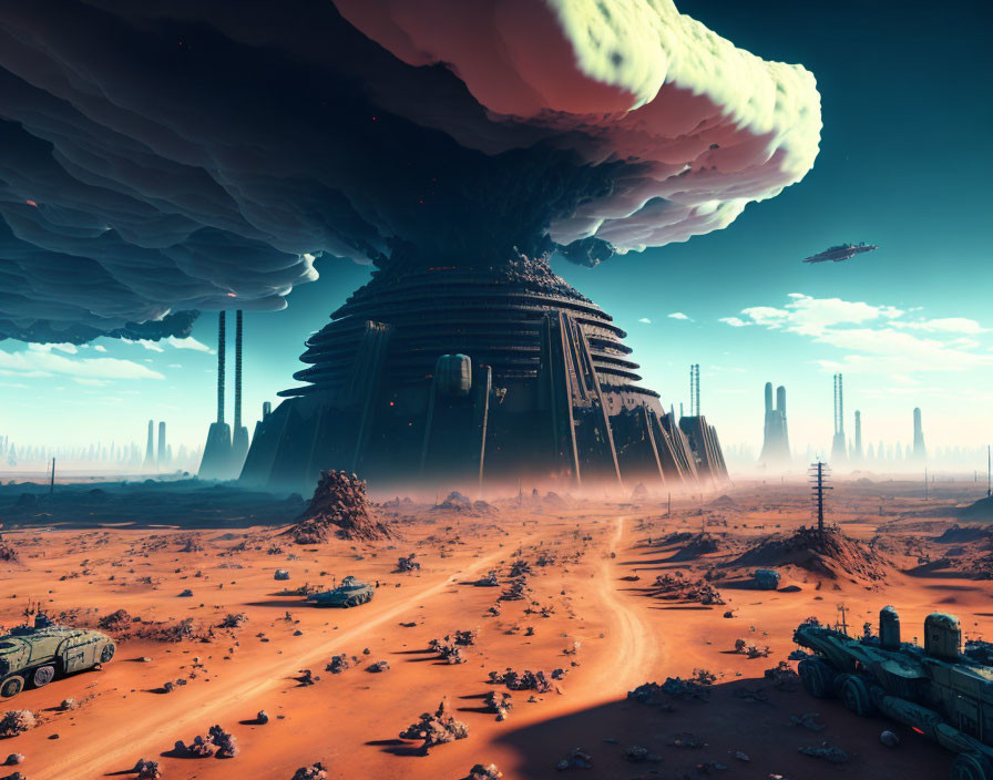 Alien city in futuristic desert with mushroom cloud and vehicles
