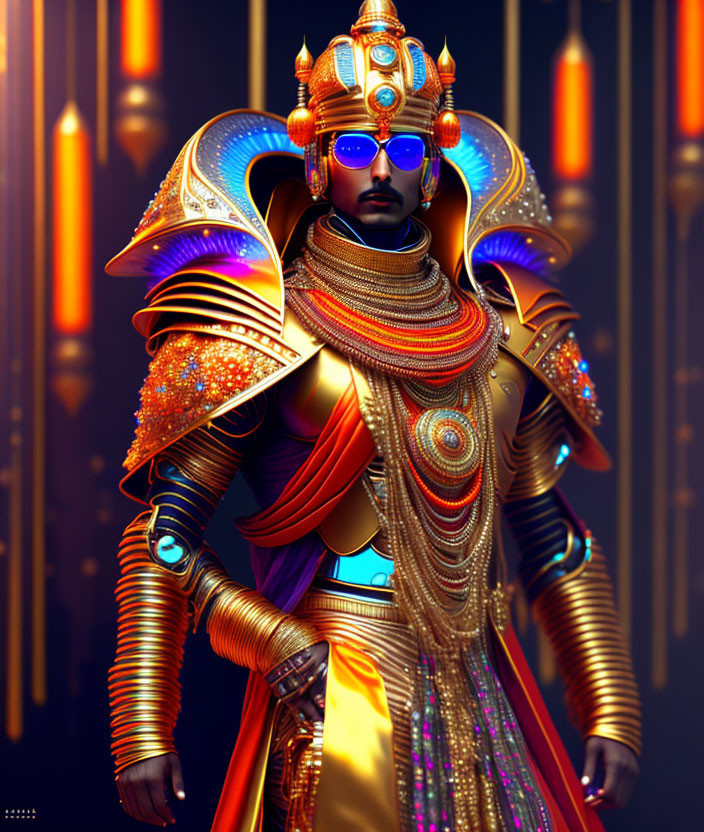 Elaborate futuristic gold armor with glowing blue elements