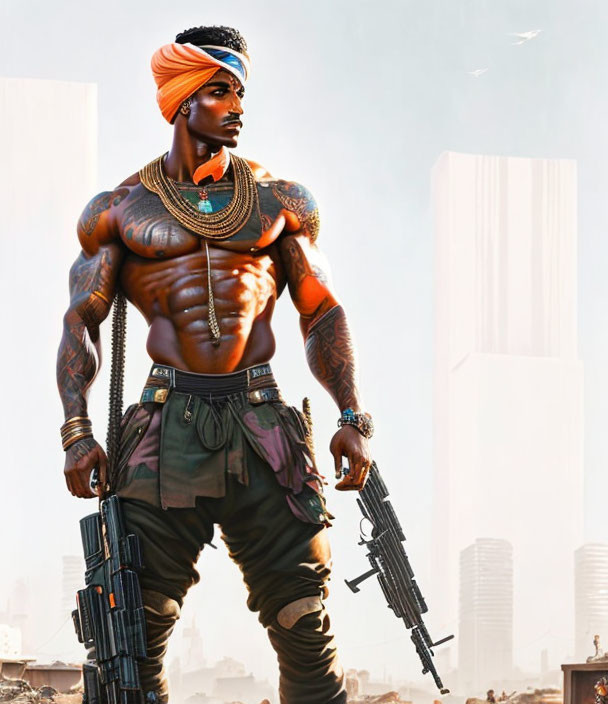 Muscular man with tattoos and turban holding guns in futuristic cityscape