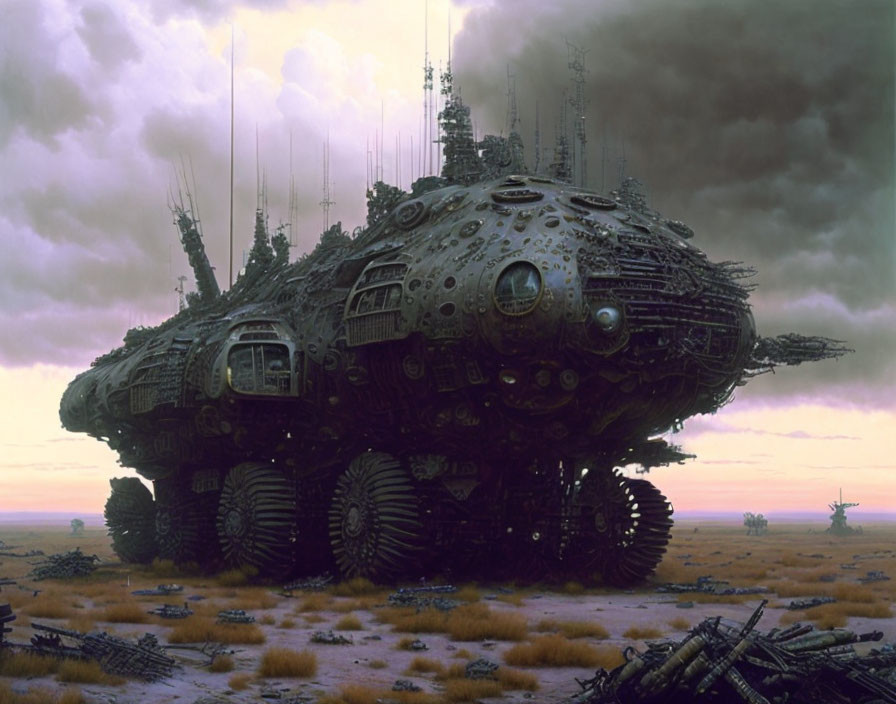 Futuristic tank-like vehicle in twilight landscape with debris