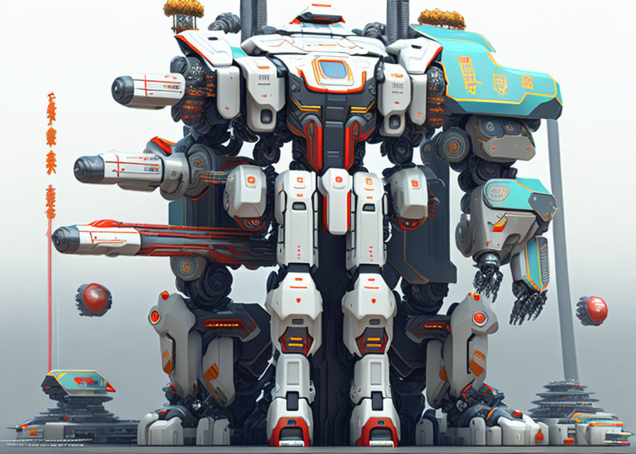 Multicolored futuristic robot with weapons and armor in a mechanical landscape