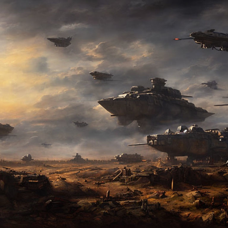 Sci-fi landscape with battle-worn spaceships over war-torn terrain