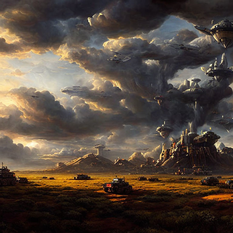 Futuristic sci-fi landscape with ominous clouds and towering structures