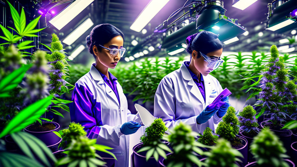 Scientists observing cannabis plants under LED grow lights in indoor facility