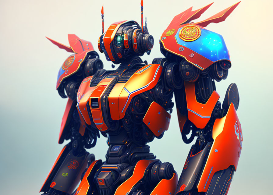 Detailed futuristic robot illustration with ornate orange and blue armor