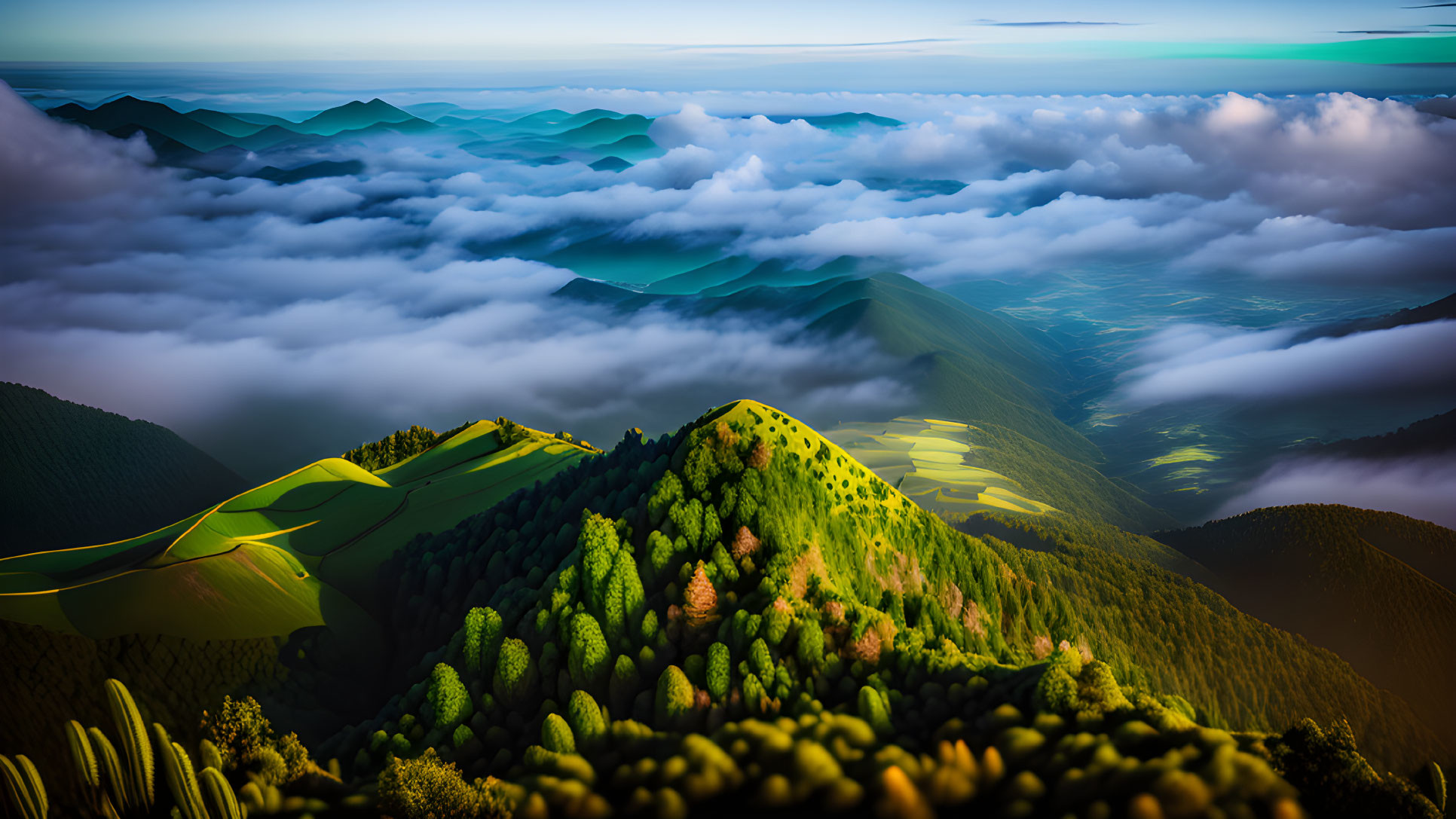 Green hills in clouds