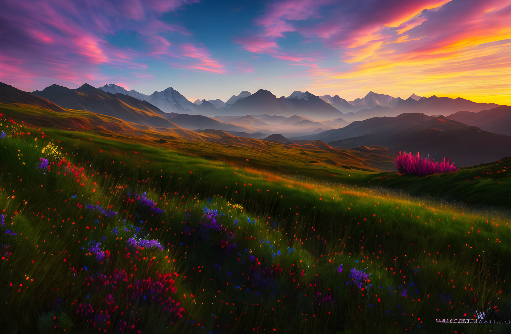 Colorful Wildflowers and Sunset over Mountain Range